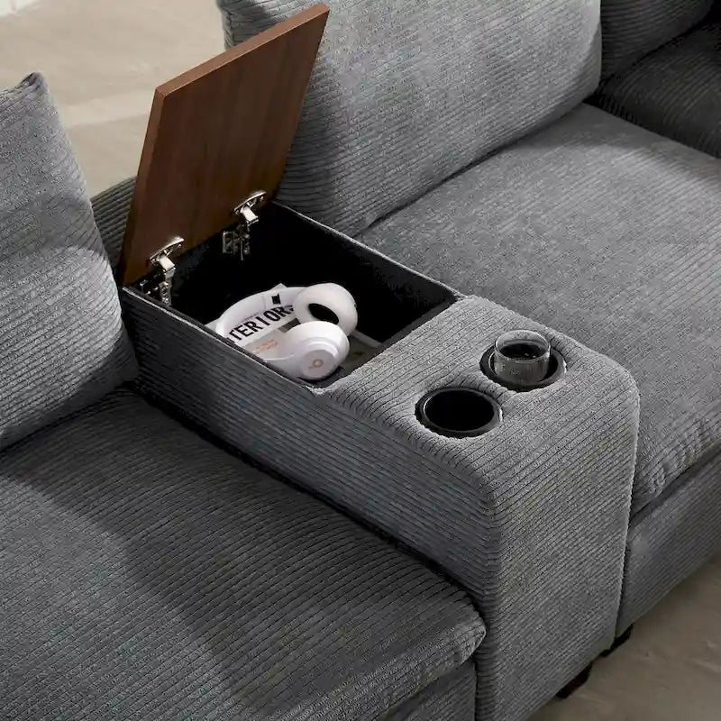 140 Corduroy U-Shaped Modular Sectional Sofa with Storage Ottoman & Console,and USB Charger, Cup Holders & 30 Wide Seats