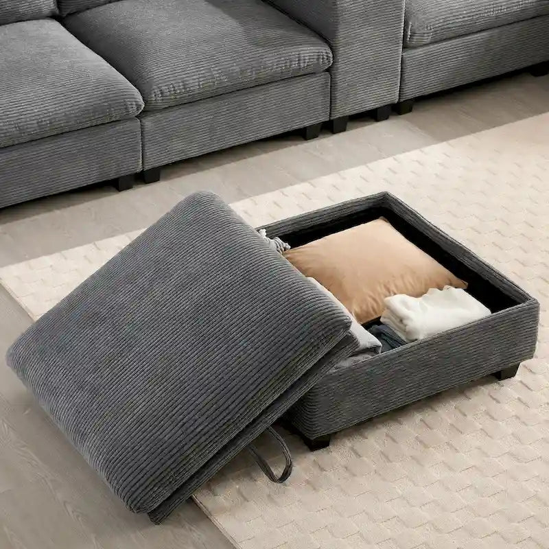 140 Corduroy U-Shaped Modular Sectional Sofa with Storage Ottoman & Console,and USB Charger, Cup Holders & 30 Wide Seats