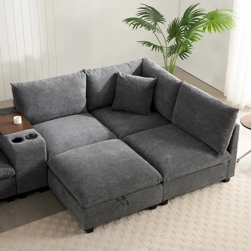 140 Corduroy U-Shaped Modular Sectional Sofa with Storage Ottoman & Console,and USB Charger, Cup Holders & 30 Wide Seats
