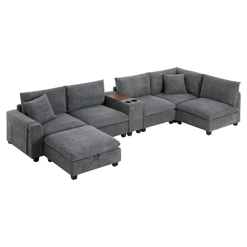 140 Corduroy U-Shaped Modular Sectional Sofa with Storage Ottoman & Console,and USB Charger, Cup Holders & 30 Wide Seats