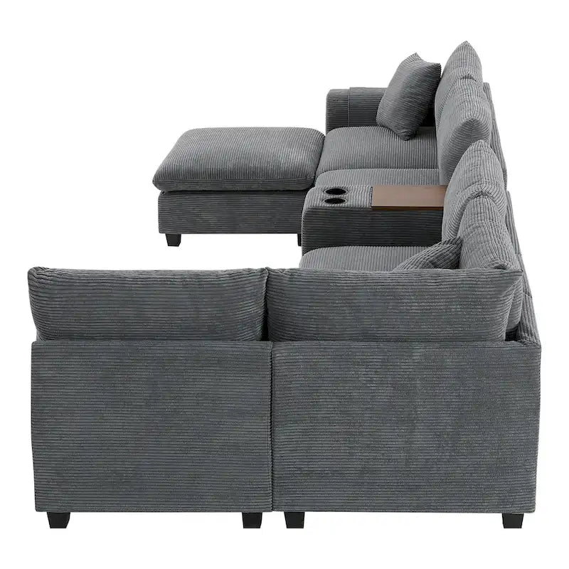 140 Corduroy U-Shaped Modular Sectional Sofa with Storage Ottoman & Console,and USB Charger, Cup Holders & 30 Wide Seats