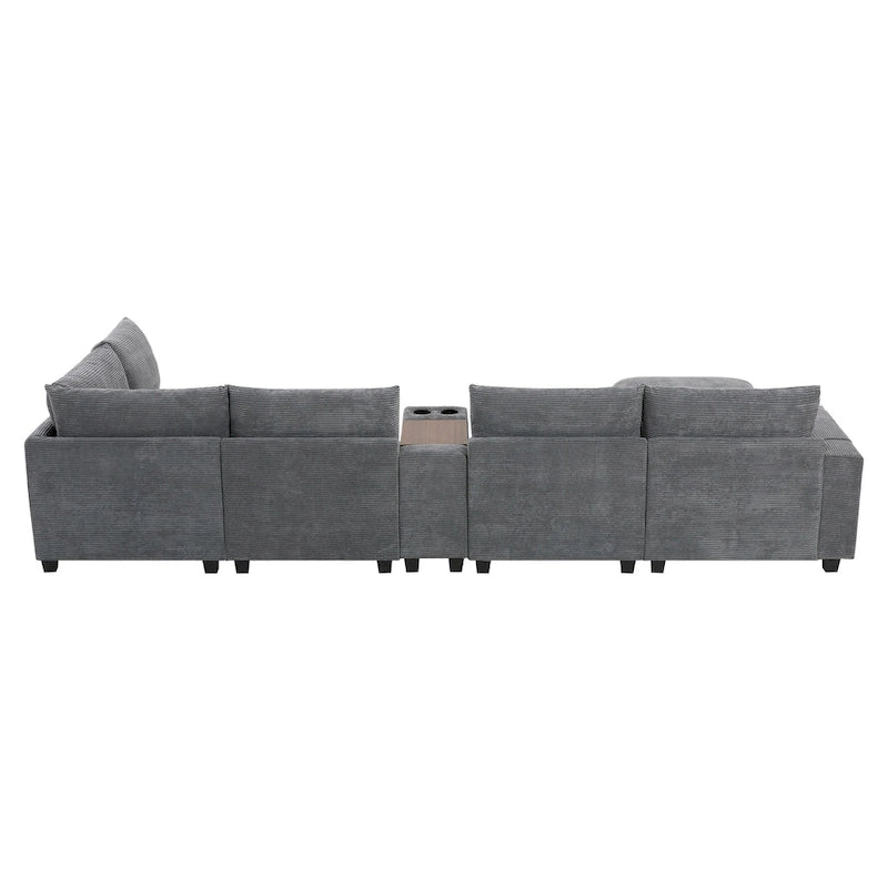 140 Corduroy U-Shaped Modular Sectional Sofa with Storage Ottoman & Console,and USB Charger, Cup Holders & 30 Wide Seats
