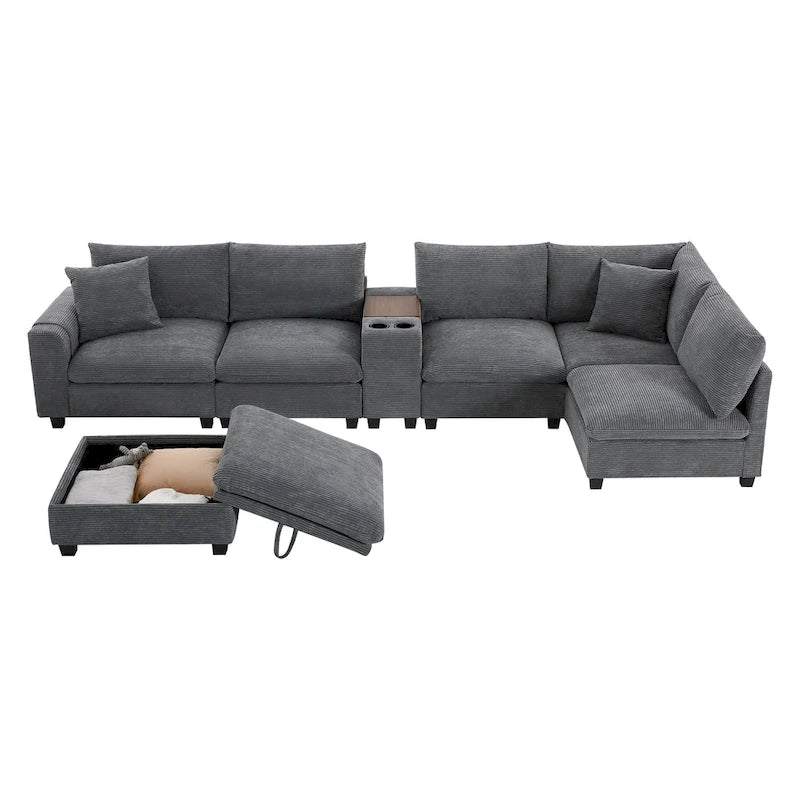 140 Corduroy U-Shaped Modular Sectional Sofa with Storage Ottoman & Console,and USB Charger, Cup Holders & 30 Wide Seats