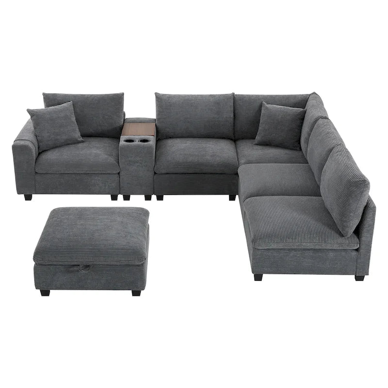 140 Corduroy U-Shaped Modular Sectional Sofa with Storage Ottoman & Console,and USB Charger, Cup Holders & 30 Wide Seats