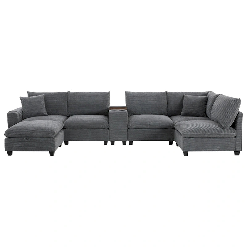 140 Corduroy U-Shaped Modular Sectional Sofa with Storage Ottoman & Console,and USB Charger, Cup Holders & 30 Wide Seats
