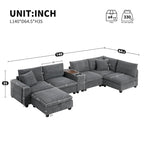 140 Corduroy U-Shaped Modular Sectional Sofa with Storage Ottoman & Console,and USB Charger, Cup Holders & 30 Wide Seats
