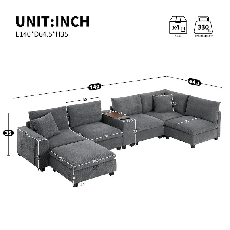 140 Corduroy U-Shaped Modular Sectional Sofa with Storage Ottoman & Console,and USB Charger, Cup Holders & 30 Wide Seats