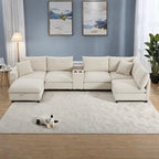 140 Corduroy U-Shaped Modular Sectional Sofa with Storage Ottoman & Console,and USB Charger, Cup Holders & 30 Wide Seats