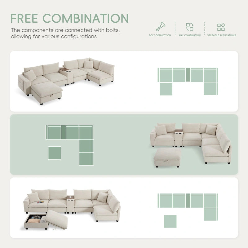 140 Corduroy U-Shaped Modular Sectional Sofa with Storage Ottoman & Console,and USB Charger, Cup Holders & 30 Wide Seats
