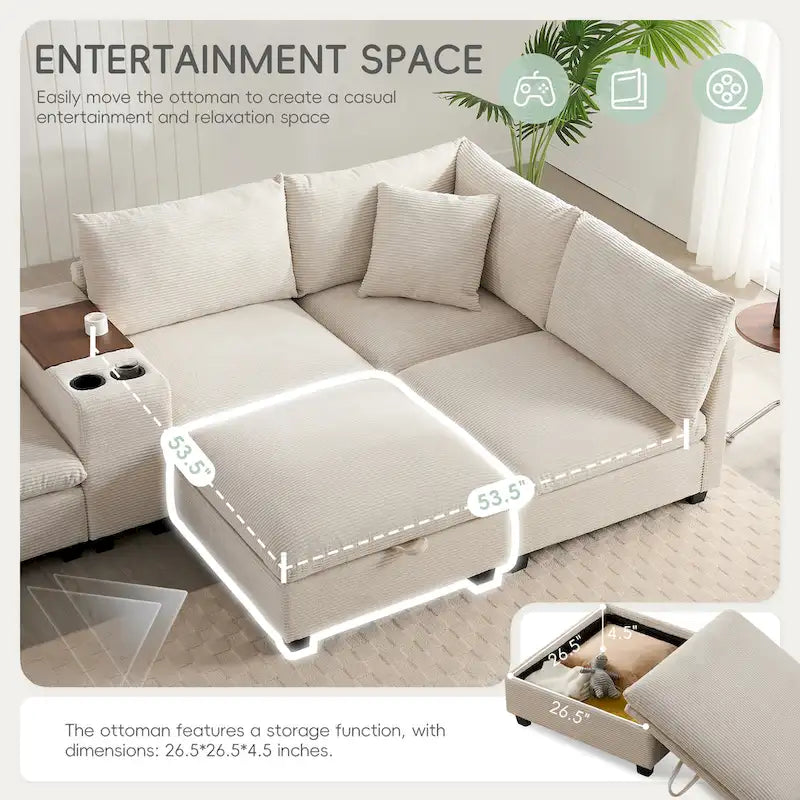 140 Corduroy U-Shaped Modular Sectional Sofa with Storage Ottoman & Console,and USB Charger, Cup Holders & 30 Wide Seats