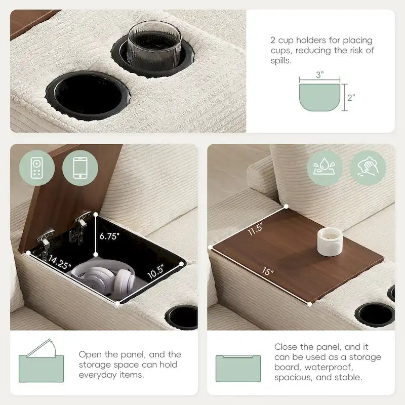 140 Corduroy U-Shaped Modular Sectional Sofa with Storage Ottoman & Console,and USB Charger, Cup Holders & 30 Wide Seats