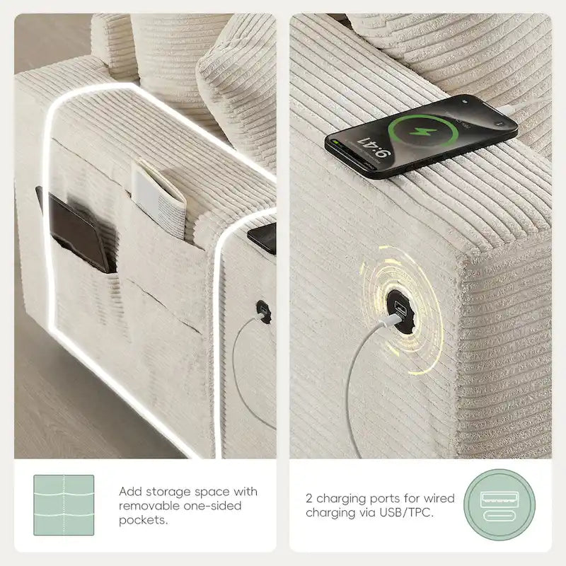 140 Corduroy U-Shaped Modular Sectional Sofa with Storage Ottoman & Console,and USB Charger, Cup Holders & 30 Wide Seats