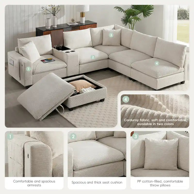 140 Corduroy U-Shaped Modular Sectional Sofa with Storage Ottoman & Console,and USB Charger, Cup Holders & 30 Wide Seats