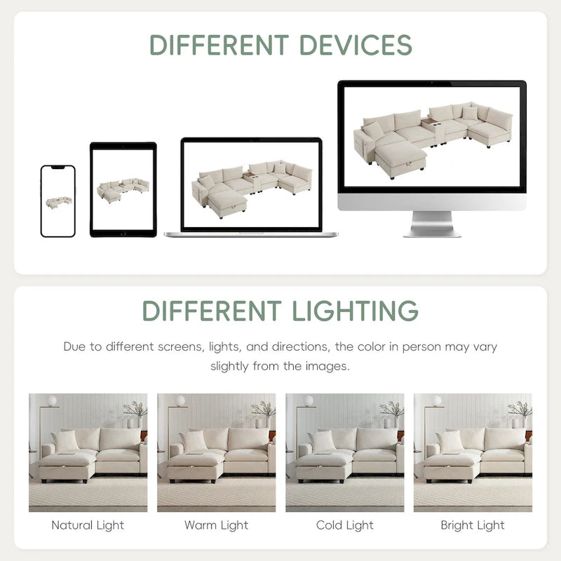 140 Corduroy U-Shaped Modular Sectional Sofa with Storage Ottoman & Console,and USB Charger, Cup Holders & 30 Wide Seats