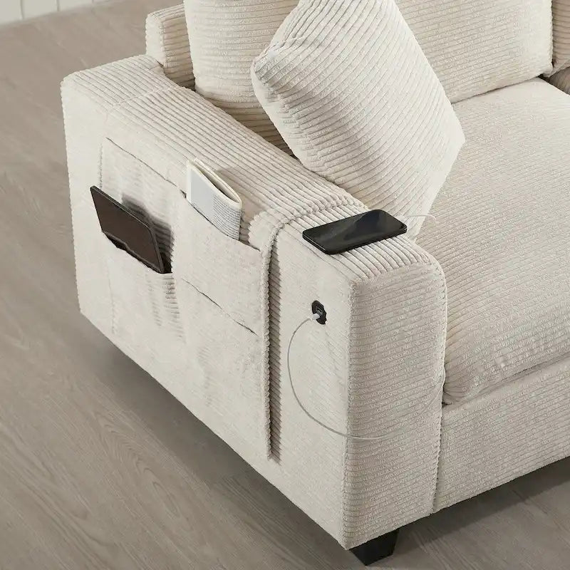 140 Corduroy U-Shaped Modular Sectional Sofa with Storage Ottoman & Console,and USB Charger, Cup Holders & 30 Wide Seats