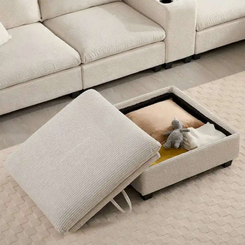 140 Corduroy U-Shaped Modular Sectional Sofa with Storage Ottoman & Console,and USB Charger, Cup Holders & 30 Wide Seats