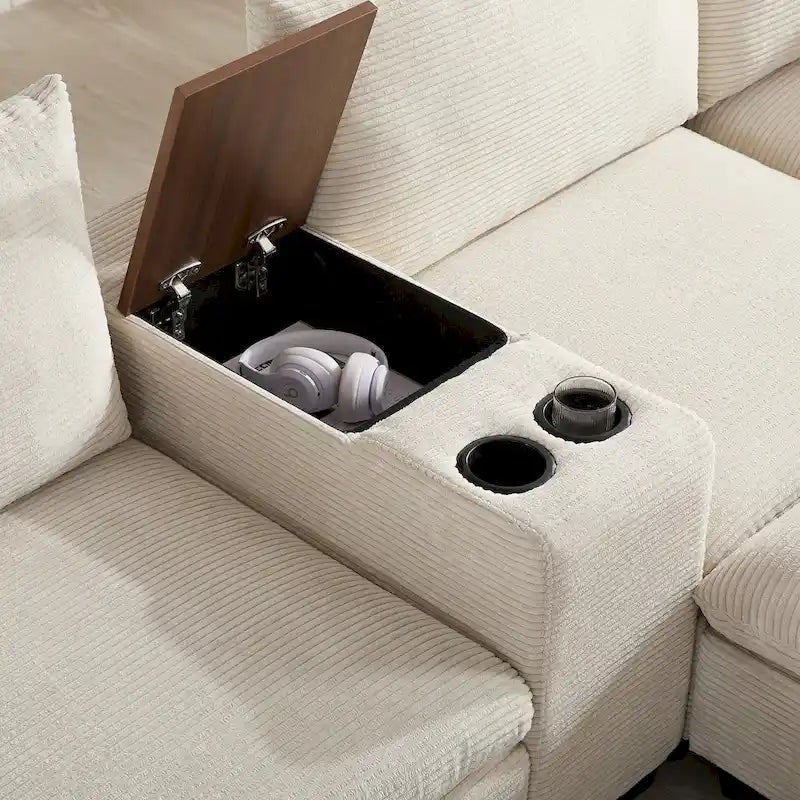 140 Corduroy U-Shaped Modular Sectional Sofa with Storage Ottoman & Console,and USB Charger, Cup Holders & 30 Wide Seats