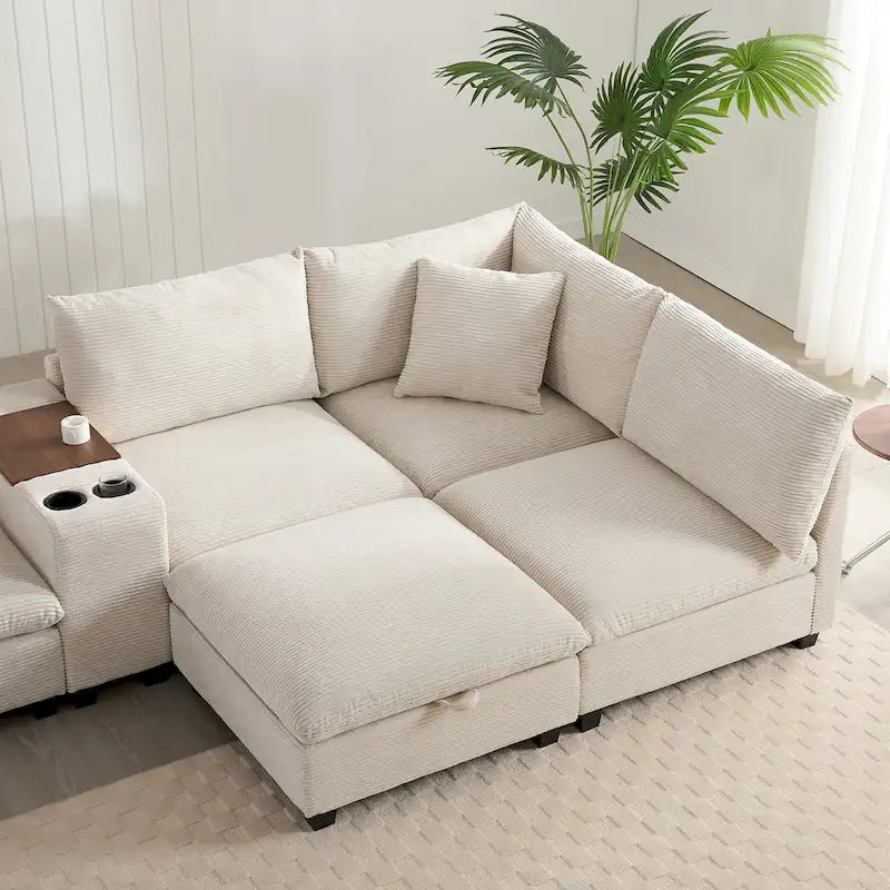 140 Corduroy U-Shaped Modular Sectional Sofa with Storage Ottoman & Console,and USB Charger, Cup Holders & 30 Wide Seats