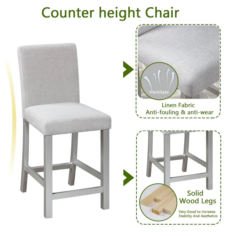 5 Pcs Counter Height Dining Table Set, Wooden Diningroom Furniture Set with Square Table and 4 Upholstered Chairs