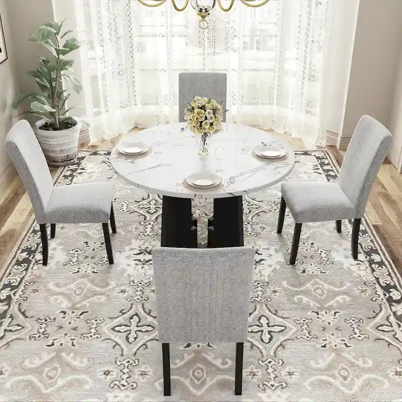 5 Piece Kitchen Table and Chairs Set, 4 People Round Dining Table Set, 4 Upholstered Chairs with Rubber Wood Legs