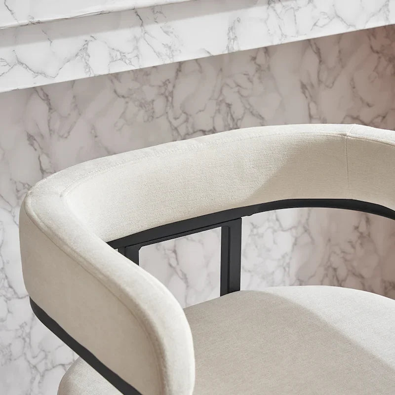 Fabric Upholstered Bar Stools Set of 2, Counter Height Bar Stools with Barrel Back, Dining Chair with Metal Frame and Arms