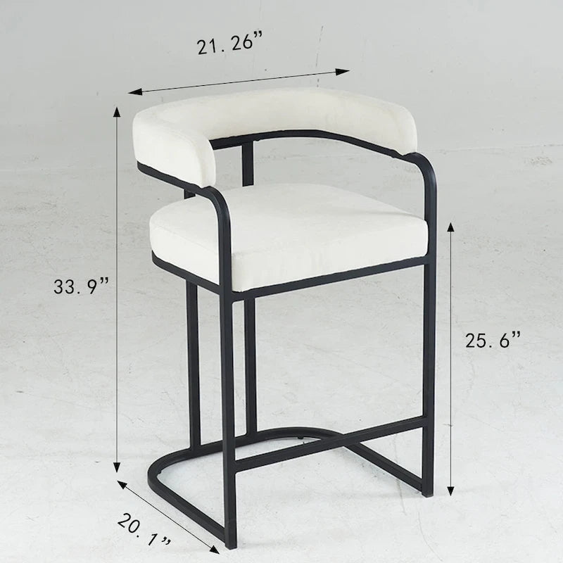 Fabric Upholstered Bar Stools Set of 2, Counter Height Bar Stools with Barrel Back, Dining Chair with Metal Frame and Arms