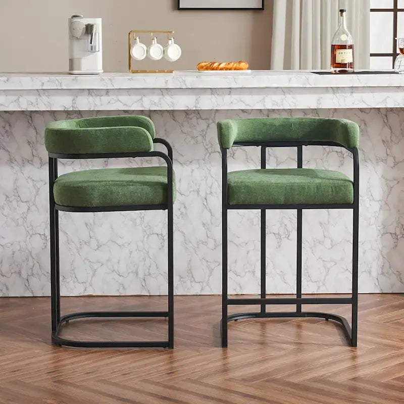 Fabric Upholstered Bar Stools Set of 2, Counter Height Bar Stools with Barrel Back, Dining Chair with Metal Frame and Arms