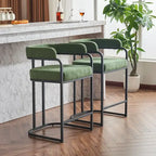 Fabric Upholstered Bar Stools Set of 2, Counter Height Bar Stools with Barrel Back, Dining Chair with Metal Frame and Arms