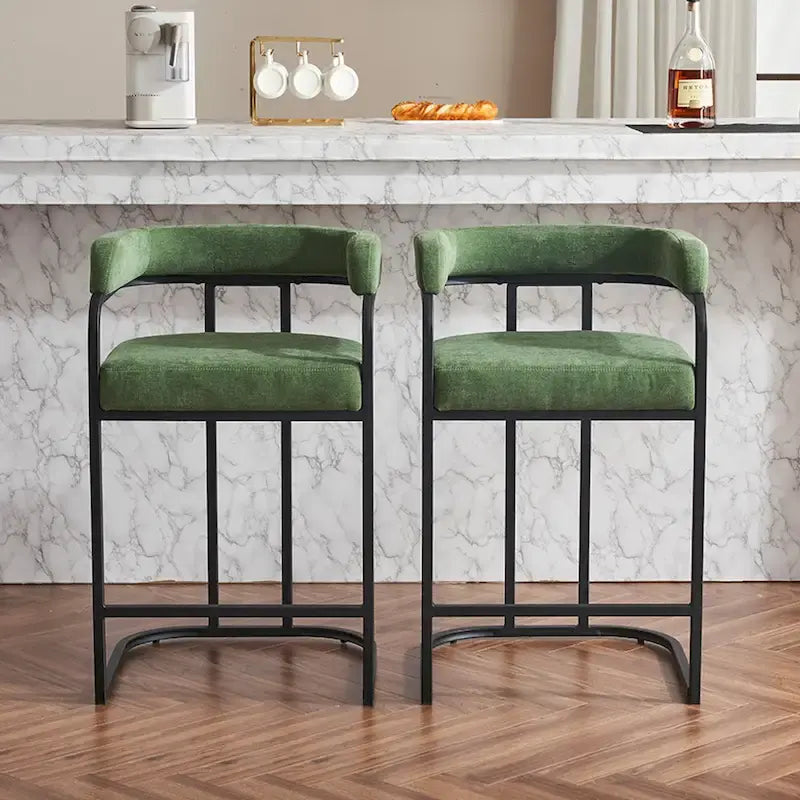 Fabric Upholstered Bar Stools Set of 2, Counter Height Bar Stools with Barrel Back, Dining Chair with Metal Frame and Arms
