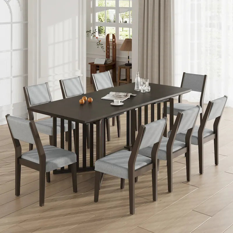 9-Pcs Extendable Dining Table Set, Kitchen Table and Chair Set with Rectangular Table and 8 Upholstered Dining Chairs