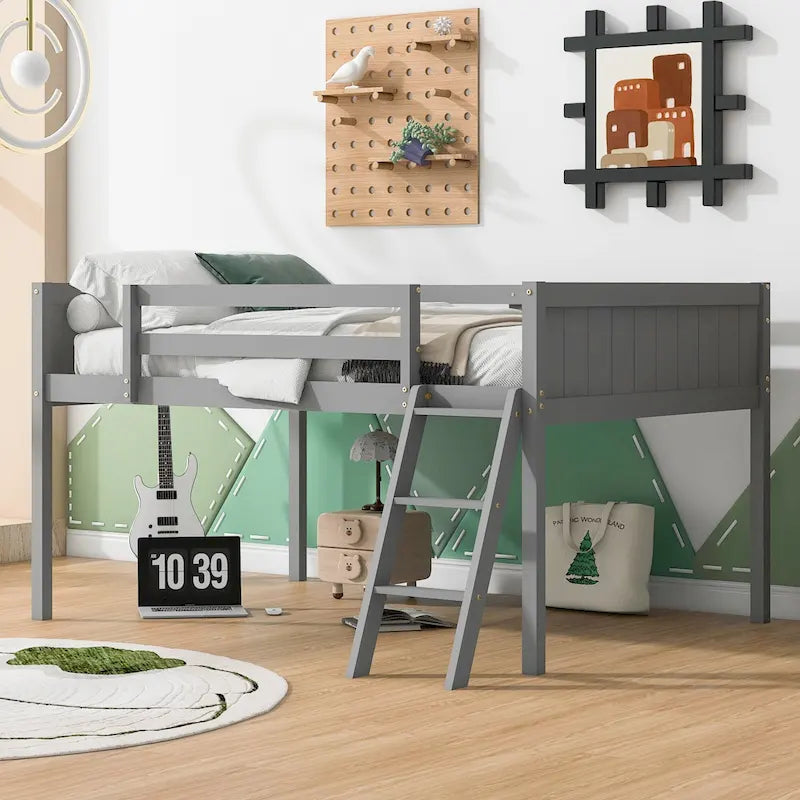 Full Size Wood Low Loft Bed with Removable Ladder, Wooden Bed Frame