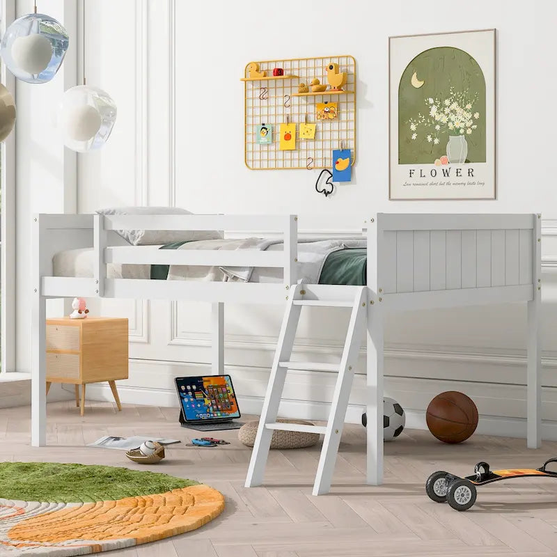 Full Size Wood Low Loft Bed with Removable Ladder, Wooden Bed Frame