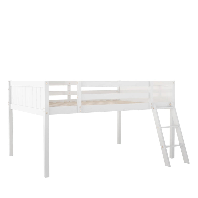 Full Size Wood Low Loft Bed with Removable Ladder, Wooden Bed Frame