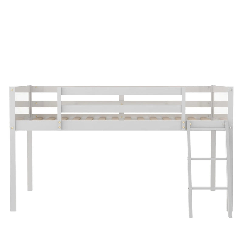 Full Size Wood Low Loft Bed with Removable Ladder, Wooden Bed Frame