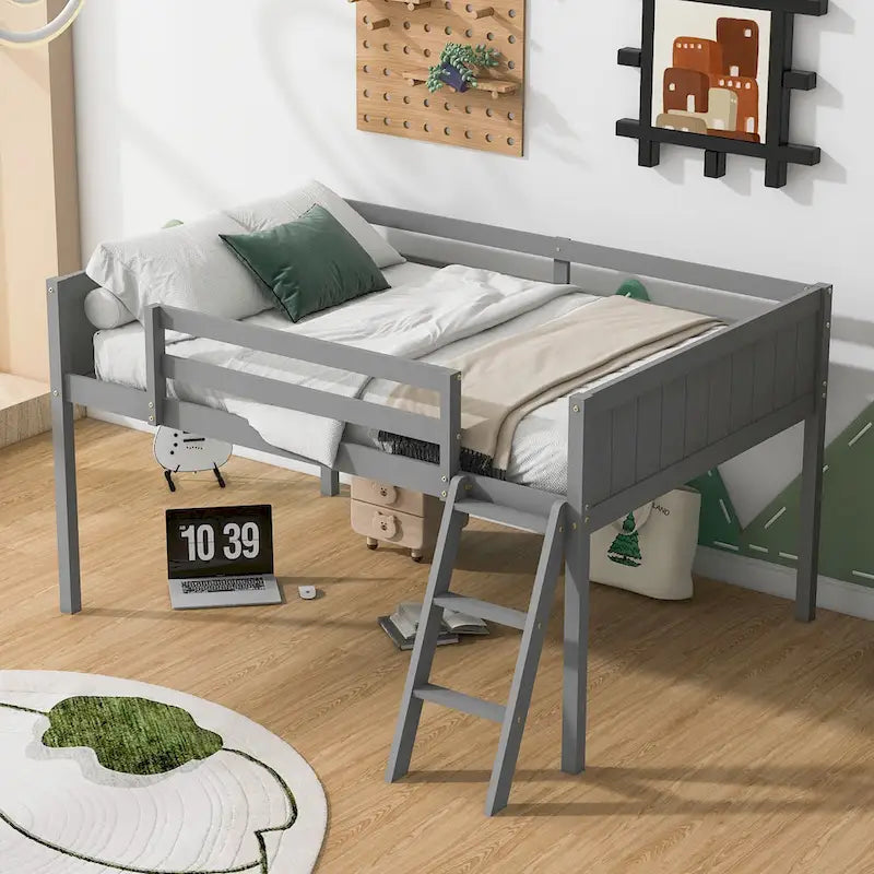 Full Size Wood Low Loft Bed with Removable Ladder, Wooden Bed Frame