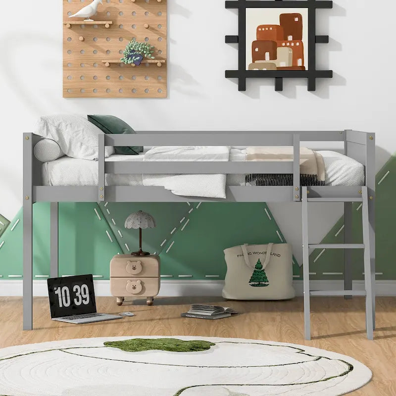 Full Size Wood Low Loft Bed with Removable Ladder, Wooden Bed Frame
