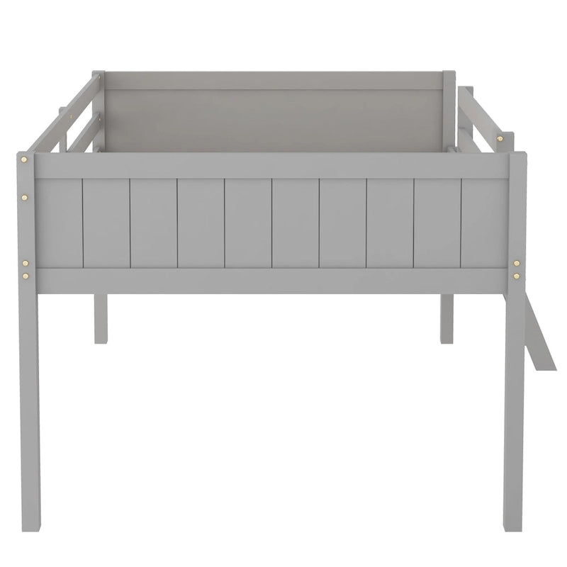 Full Size Wood Low Loft Bed with Removable Ladder, Wooden Bed Frame
