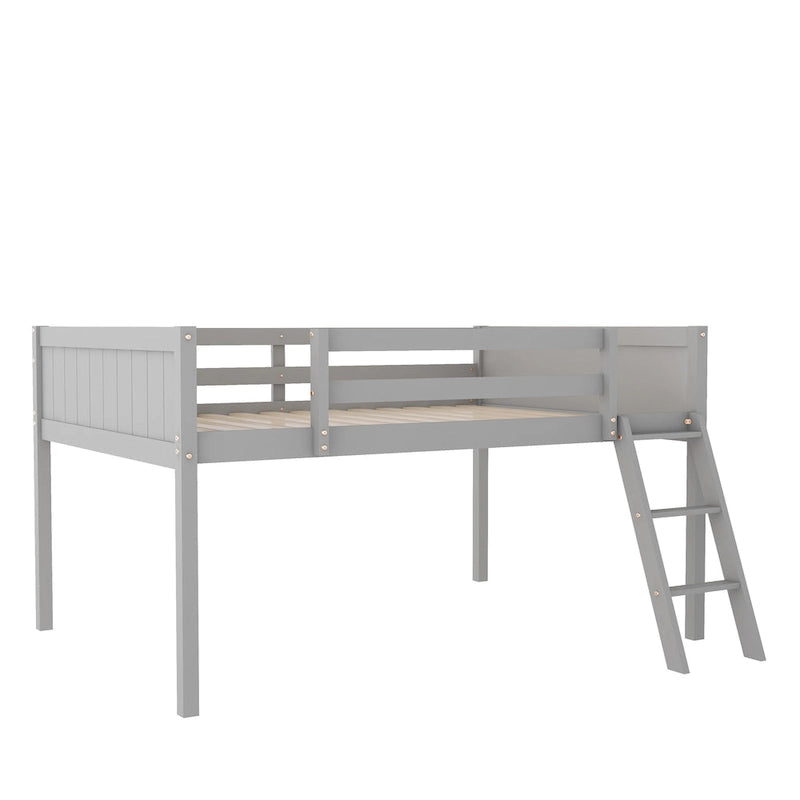 Full Size Wood Low Loft Bed with Removable Ladder, Wooden Bed Frame