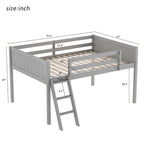 Full Size Wood Low Loft Bed with Removable Ladder, Wooden Bed Frame