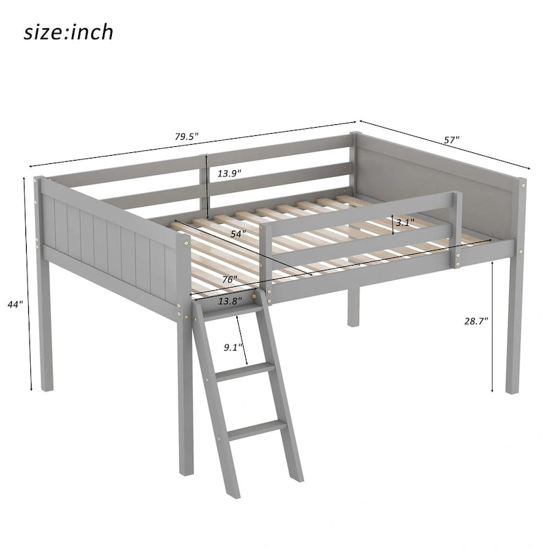 Full Size Wood Low Loft Bed with Removable Ladder, Wooden Bed Frame
