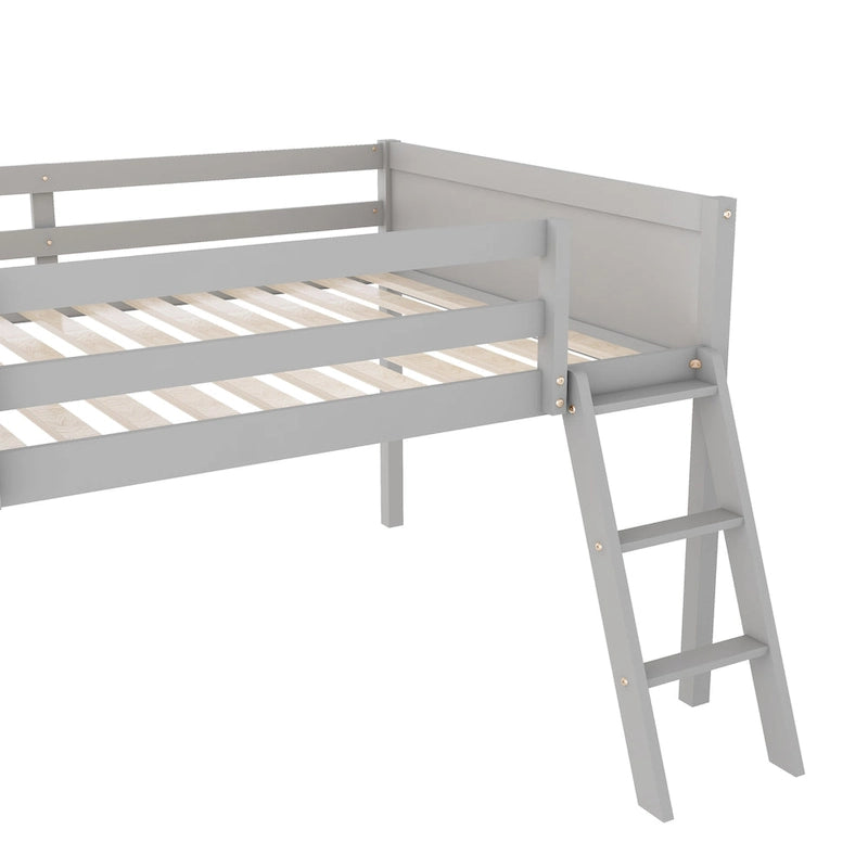 Full Size Wood Low Loft Bed with Removable Ladder, Wooden Bed Frame
