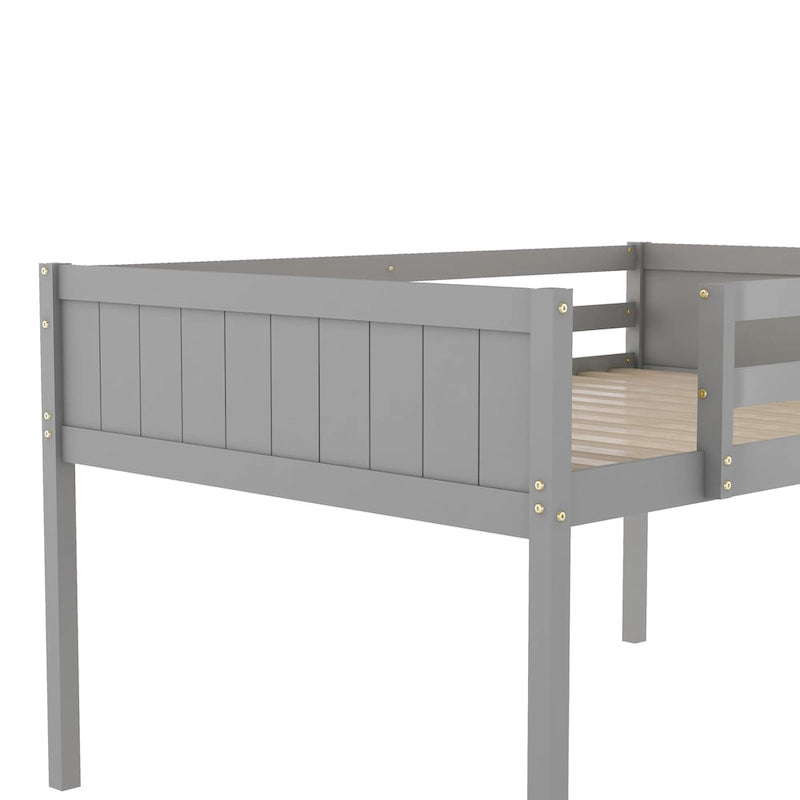Full Size Wood Low Loft Bed with Removable Ladder, Wooden Bed Frame