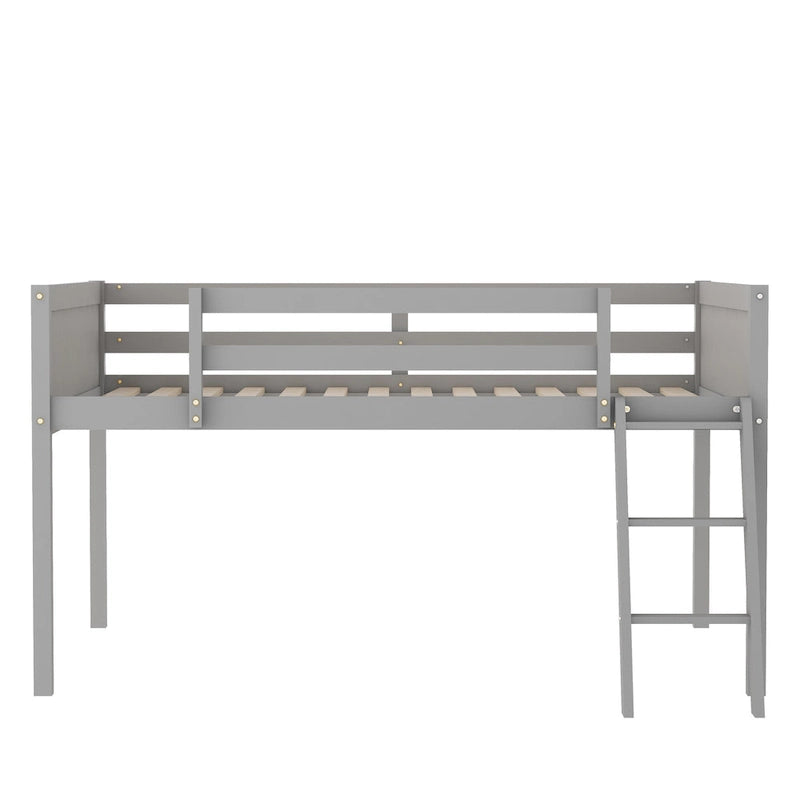 Full Size Wood Low Loft Bed with Removable Ladder, Wooden Bed Frame