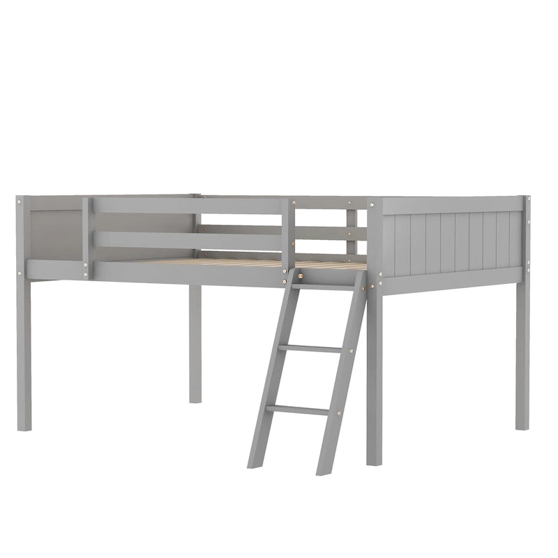 Full Size Wood Low Loft Bed with Removable Ladder, Wooden Bed Frame