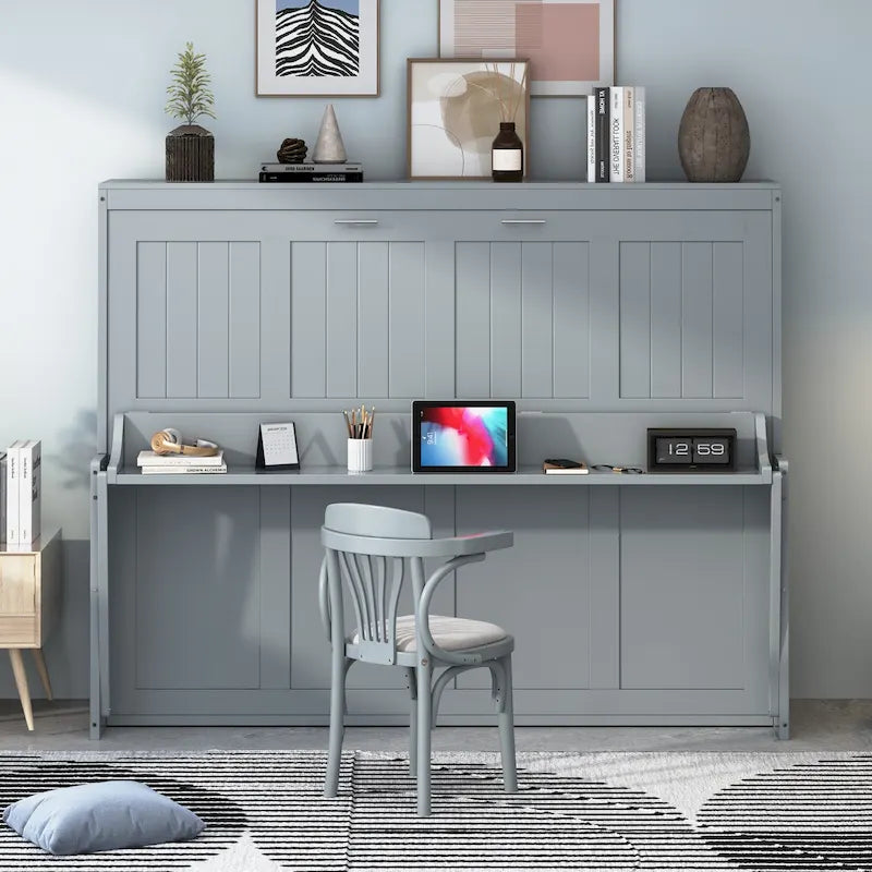 Queen/Full Size Murphy Bed with Hydraulic Lift & Desk Design