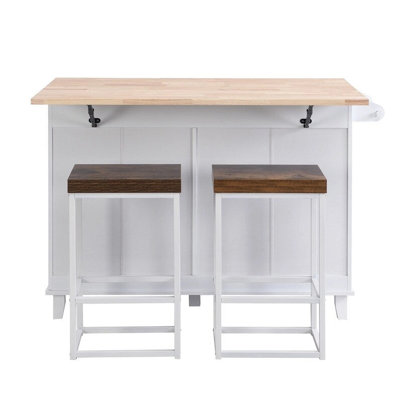 Farmhouse-Style Kitchen Island Set with Drop-Leaf Table, Two Seats, Storage Cabinet, Drawers, and Towel Rack