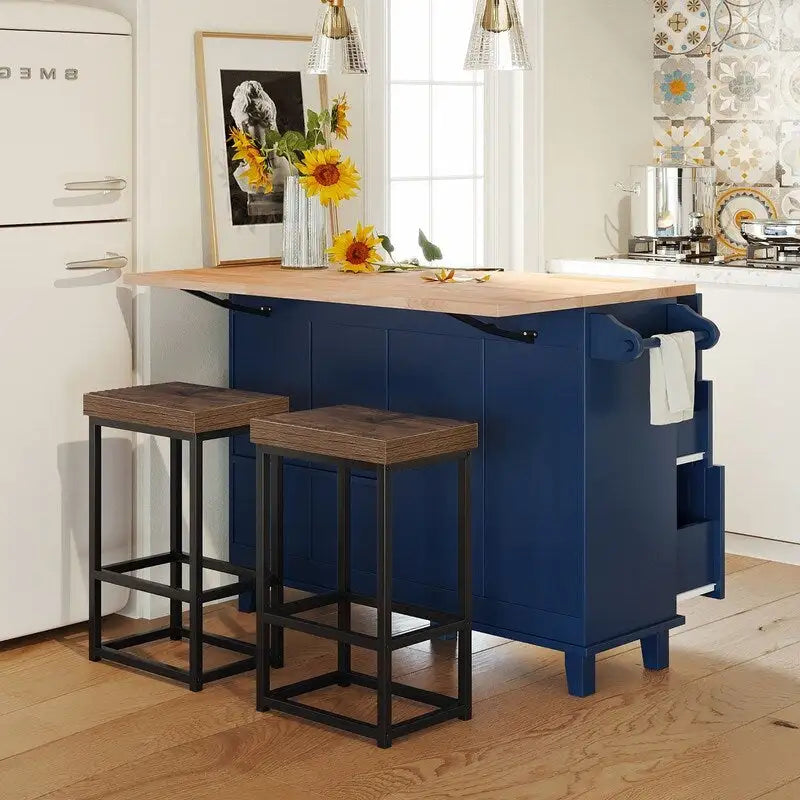Farmhouse-Style Kitchen Island Set with Drop-Leaf Table, Two Seats, Storage Cabinet, Drawers, and Towel Rack