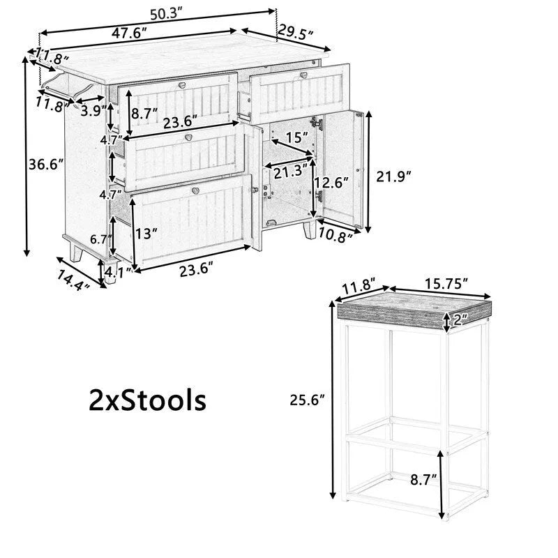 Farmhouse-Style Kitchen Island Set with Drop-Leaf Table, Two Seats, Storage Cabinet, Drawers, and Towel Rack