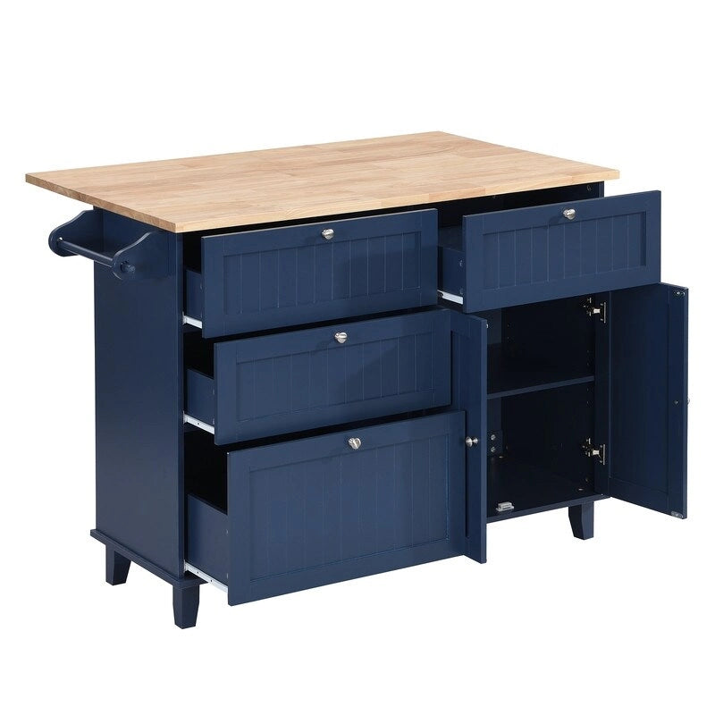 Farmhouse-Style Kitchen Island Set with Drop-Leaf Table, Two Seats, Storage Cabinet, Drawers, and Towel Rack