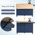 Farmhouse-Style Kitchen Island Set with Drop-Leaf Table, Two Seats, Storage Cabinet, Drawers, and Towel Rack